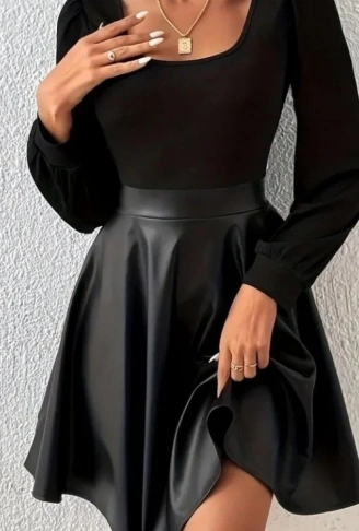 Kadın Uzun Kollu Kare Yaka üst Viskon Alt Deri Mini Elbise