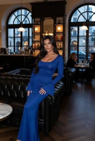 Kadın Uzun Kollu Kare Yaka Volanlı Manşet Detay Maxi Boy Elbise