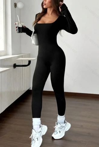 Kadın Uzun Kollu Kare Yakalı Fermuarlı Parmaktan Geçmeli Dalgıç Tulum