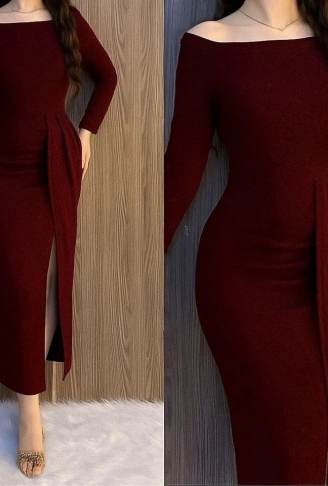 Kadın Uzun Kollu Kayık Yaka Büzgü Ve Maxi Boy Yırtmaç Detay Simli Kadife Kumaş Elbise