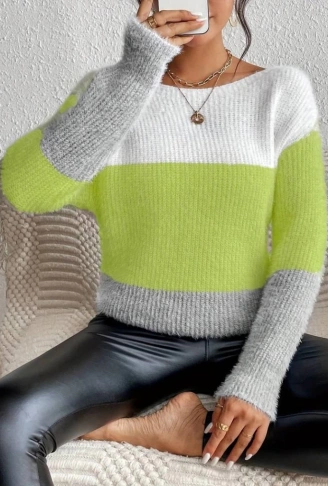 Kadın Uzun Kollu Kayık Yaka çok Renkli Triko Bluz