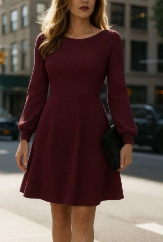 Kadın Uzun Kollu Kayık Yaka Kısa Triko Elbise