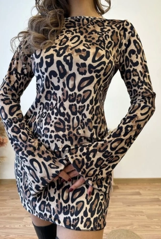 Kadın Uzun Kollu Kayık Yaka Leopar Baskılı Mini Elbise