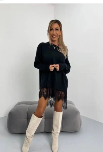 Kadın Uzun Kollu Kayık Yaka Peteği Dantel Güpür Detay 3 Iplik Kumaş Mini Elbise