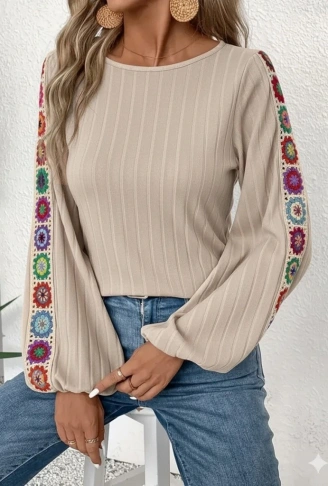 Kadın Uzun Kollu Kayık Yaka şardonlu Kaşkorse Bej Bluz