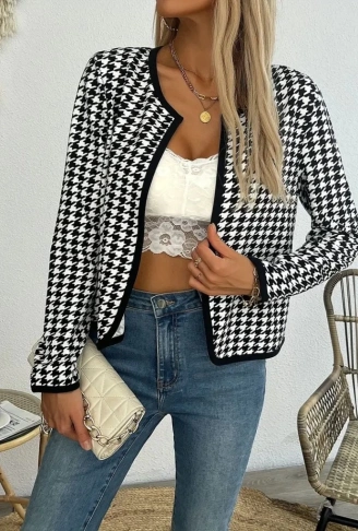 Kadın Uzun Kollu Kaz Ayağı Desenli şardonlu Dalgıç Ceket