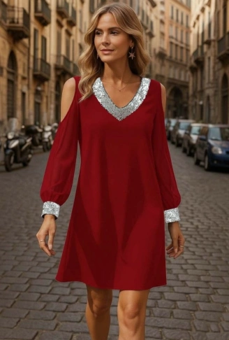 Kadın Uzun Kollu Kollar Tül V Yakalı Mini Janjan Krep Elbise