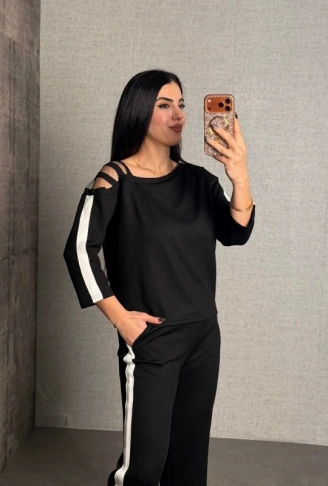 Kadın Uzun Kollu Kolu Tül Yanları şerit Detay Modal Ikili Takım