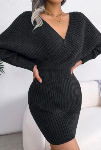Kadın Uzun Kollu Kruvaze Geniş Yakalı Mini Triko Elbise