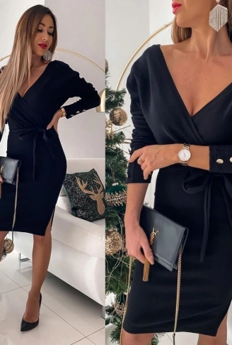 Kadın Uzun Kollu Kruvaze Yaka Bağcık Detay Akrilik Mini Boy Elbise