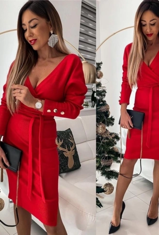 Kadın Uzun Kollu Kruvaze Yaka Bağcık Detay Akrilik Mini Boy Elbise