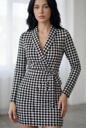 Kadın Uzun Kollu Kruvaze Yaka Bağlamalı Kemer Dalgıç Mini Boy Elbise