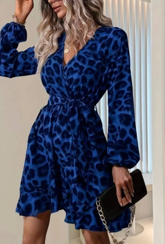 Kadın Uzun Kollu Kruvaze Yaka Belden Kuşaklı çapraz Kesim Detaylı Leopar Modal Mini Elbise