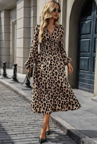 Kadın Uzun Kollu Kruvaze Yaka Belden Oturtmalı Midi Modal Leopar Desenli Elbise
