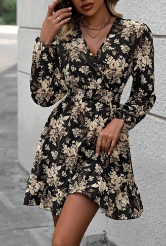 Kadın Uzun Kollu Kruvaze Yaka Beli Gipeli çiçek Desenli Kısa Dalgıç Elbise