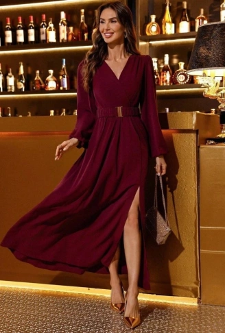 Kadın Uzun Kollu Kruvaze Yaka Beli Kemerli Yırtmaçlı Uzun Ithal Krep Elbise