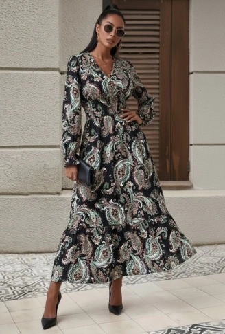 Kadın Uzun Kollu Kruvaze Yaka Beli Lastikli Uzun Desenli Maxi Elbise