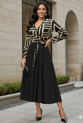 Kadın Uzun Kollu Kruvaze Yaka Dalgıç Krep Midi Boy Elbise