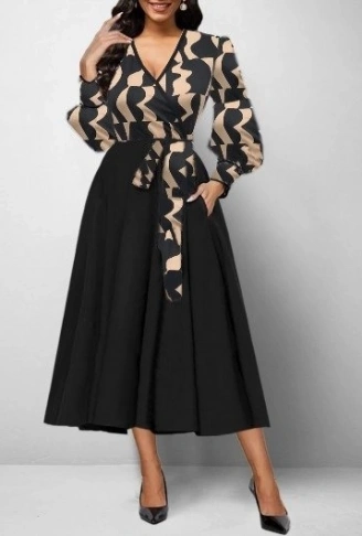 Kadın Uzun Kollu Kruvaze Yaka Dalgıç Krep Midi Boy Elbise