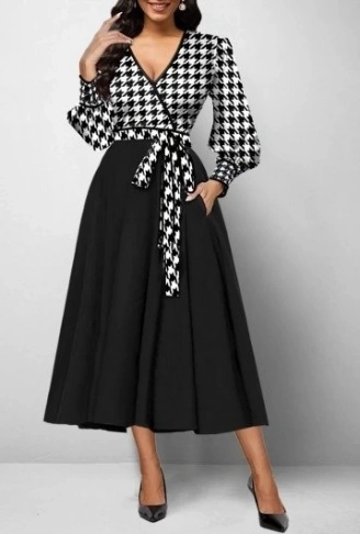 Kadın Uzun Kollu Kruvaze Yaka Dalgıç Krep Midi Boy Elbise