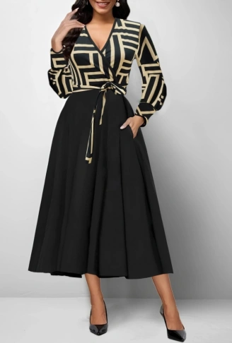 Kadın Uzun Kollu Kruvaze Yaka Dalgıç Krep Midi Boy Elbise