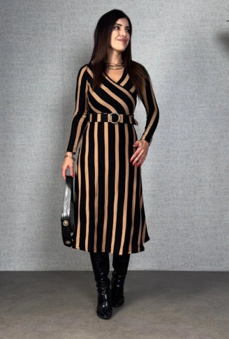 Kadın Uzun Kollu Kruvaze Yaka Kemer Dahil çizgili Triko Elbise