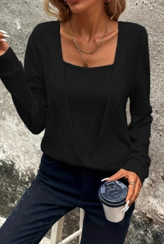 Kadın Uzun Kollu Kruvaze Yaka Kol Ve Etek Ucu Manşet Detay Yumoş Bluz