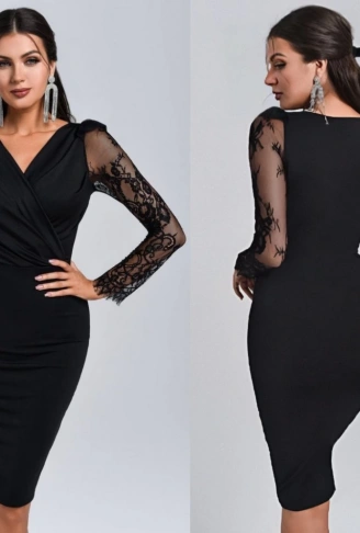 Kadın Uzun Kollu Kruvaze Yaka Kollar Tül Detay Krep Mini Boy Elbise