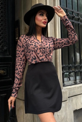 Kadın Uzun Kollu Kruvaze Yaka Krep Mini Boy Elbise