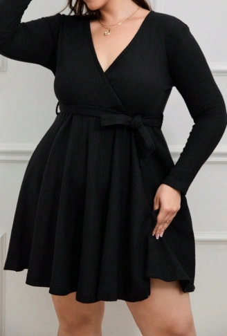 Kadın Uzun Kollu Kruvaze Yaka Kuşak Detay Salaş şardonlu Kaşkorse Mini Elbise