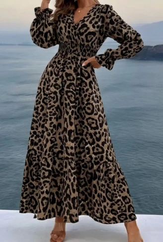 Kadın Uzun Kollu Kruvaze Yaka Leopar Desenli Uzun Süprem Elbise