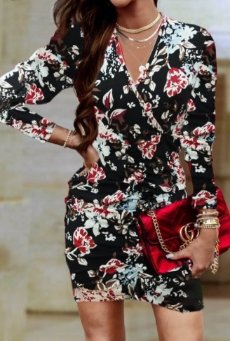 Kadın Uzun Kollu Kruvaze Yaka ön Kısım Büzgülü Dalgıç Mini Boy Elbise