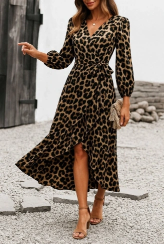 Kadın Uzun Kollu Kruvaze Yaka Yandan Bağlamalı önden Fırfır Detaylı Süprem Uzun Elbise