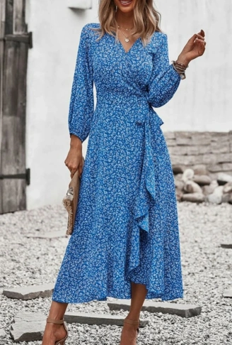 Kadın Uzun Kollu Kruvaze Yaka Yandan Bağlamalı önden Fırfır Detaylı Süprem Uzun Elbise