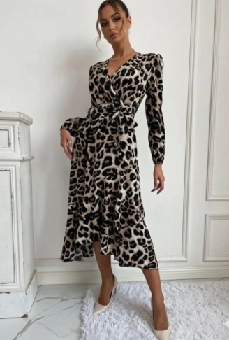 Kadın Uzun Kollu Kruvaze Yaka Yandan Bağlamalı önden Fırfır Detaylı Süprem Uzun Elbise