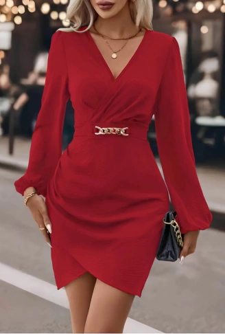 Kadın Uzun Kollu Kruvaze Yaka Yandan Büzgülü Asimetrik Detaylı Ithal Krep Mini Elbise