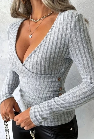 Kadın Uzun Kollu Kruvaze Yaka Yandan Düğme Detaylı şardonlu Kaşkorse Bluz