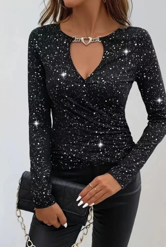 Kadın Uzun Kollu Kruvaze Yakalı Aksesuarlı Dalgıç Bluz