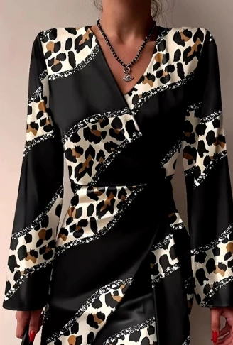 Kadın Uzun Kollu Kruvaze Yakalı Asimetrik Detaylı Mini Modal Elbise