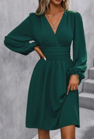 Kadın Uzun Kollu Kruvaze Yakalı Bel Korsajlı Mini Elbise