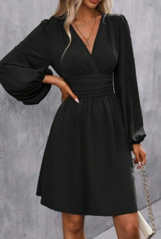 Kadın Uzun Kollu Kruvaze Yakalı Bel Korsajlı Mini Elbise