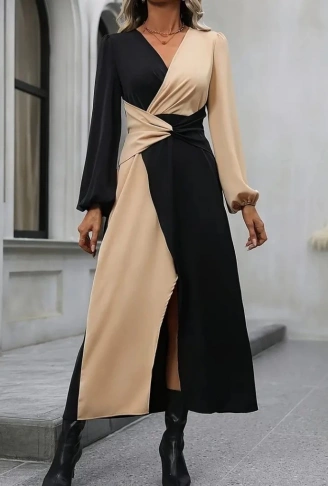 Kadın Uzun Kollu Kruvaze Yakalı Belden çapraz Detaylı çift Renkli Midi Ithal Krep Elbise