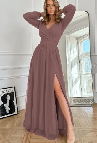 Kadın Uzun Kollu Kruvaze Yakalı Belden Kuşaklı Tüllü Uzun Ithal Krep Elbise