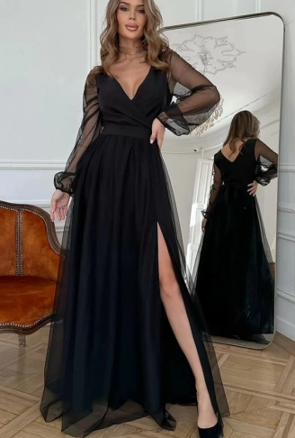 Kadın Uzun Kollu Kruvaze Yakalı Belden Kuşaklı Tüllü Uzun Ithal Krep Elbise