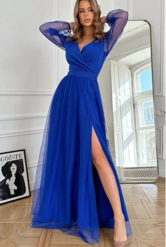 Kadın Uzun Kollu Kruvaze Yakalı Belden Kuşaklı Tüllü Uzun Ithal Krep Elbise