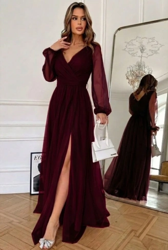 Kadın Uzun Kollu Kruvaze Yakalı Belden Kuşaklı Tüllü Uzun Ithal Krep Elbise