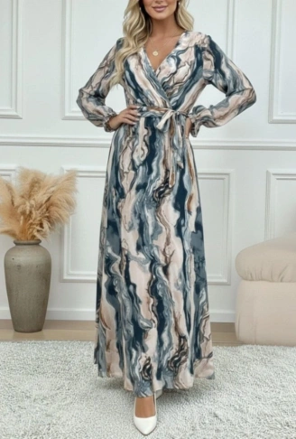 Kadın Uzun Kollu Kruvaze Yakalı Beli Kuşaklı Desenli Süprem Maxi Elbise