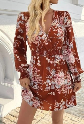 Kadın Uzun Kollu Kruvaze Yakalı çiçek Desenli Mini Süprem Elbise