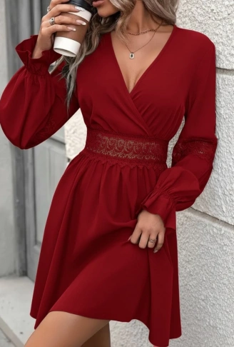 Kadın Uzun Kollu Kruvaze Yakalı Dantelli Fermuar Detaylı Mini Ithal Krep Elbise