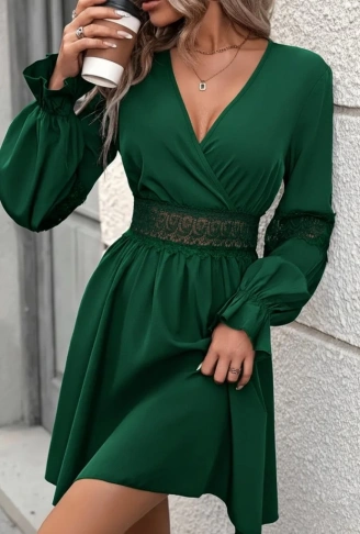 Kadın Uzun Kollu Kruvaze Yakalı Dantelli Fermuar Detaylı Mini Ithal Krep Elbise